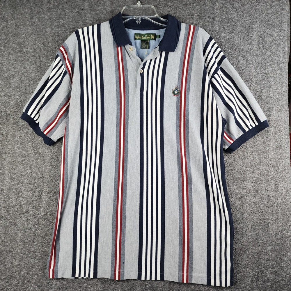Knights of Round Table Polo Shirt Mens L Grey Navy Vertical Stripe Crest Logo